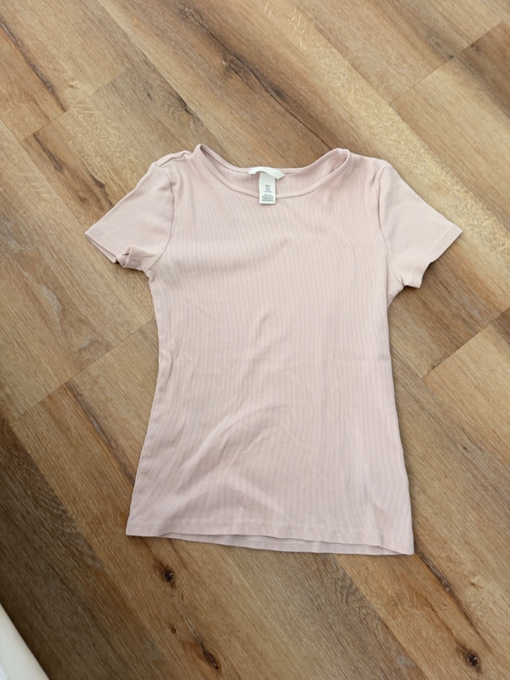H&M Light Pink Ribbed Slim Fit Crew Neck T-Shirt-small